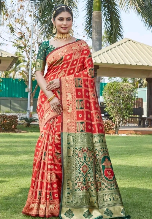Cotton Silk Jacquard Red with Green Saree 