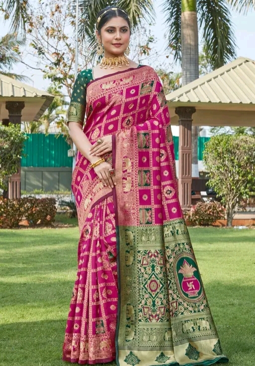 Cotton Silk Jacquard Pink with Green Saree 