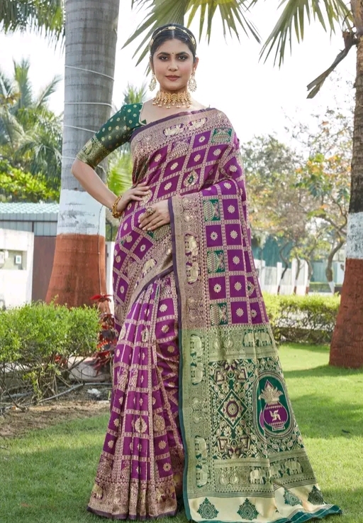 Cotton Silk Jacquard Purple with Green Saree 